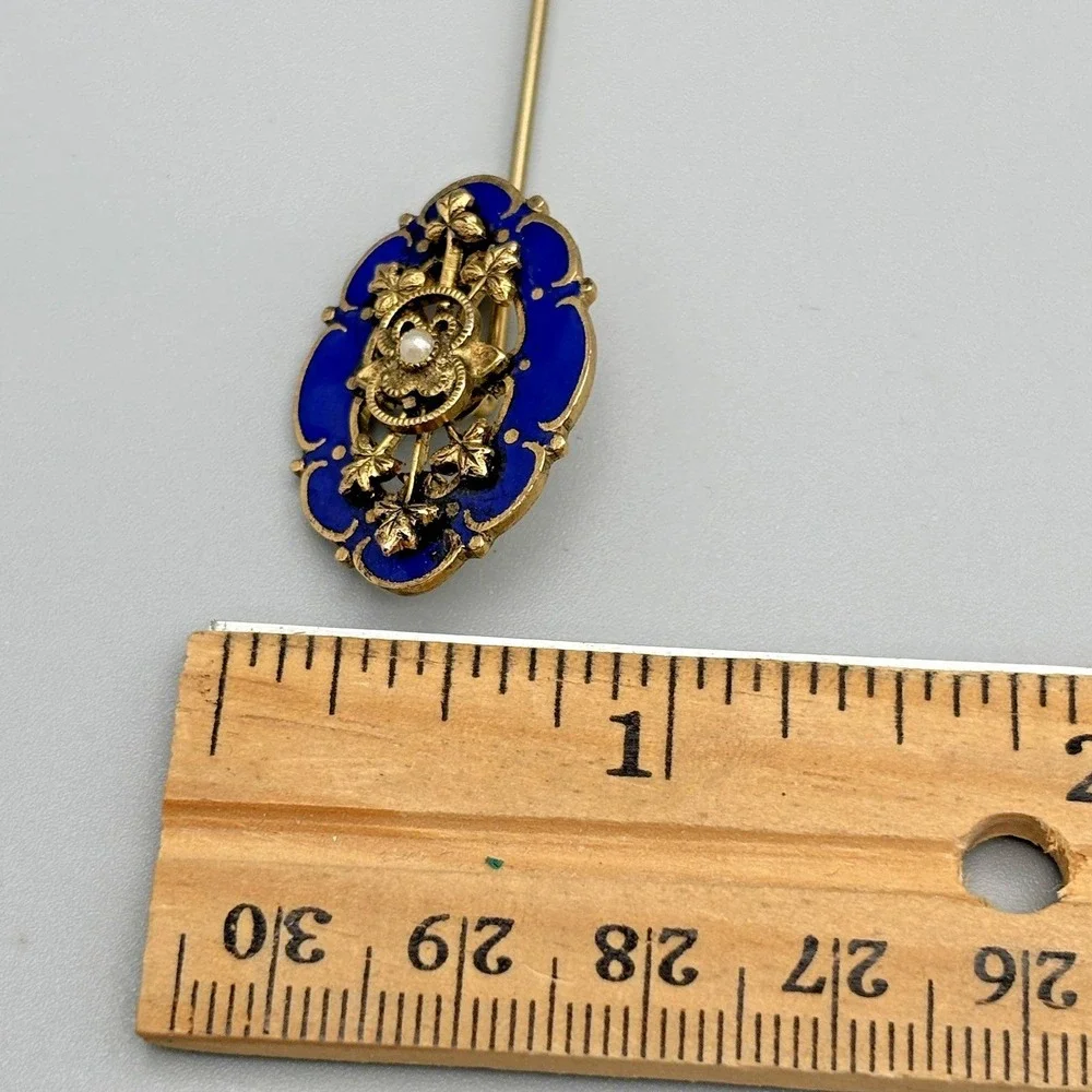 Antique Estate Stick Pin Blue Enamel Faux Pearl Regal Gold Vines and Pinstop